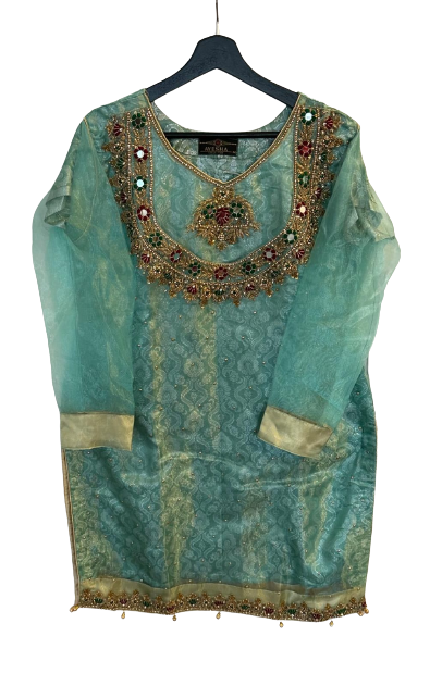 Embroided Organza Shirt With Jamawar underlining ,Trouser And Georgette Dupatta.