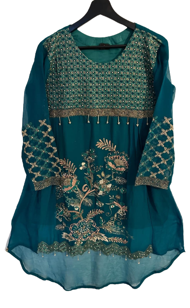 Embrioded Chiffon Frock. Plazo With Plain Dupatta