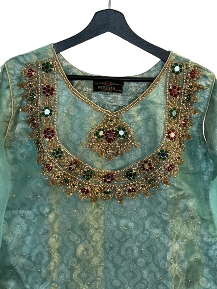 Embroided Organza Shirt With Jamawar underlining ,Trouser And Georgette Dupatta.