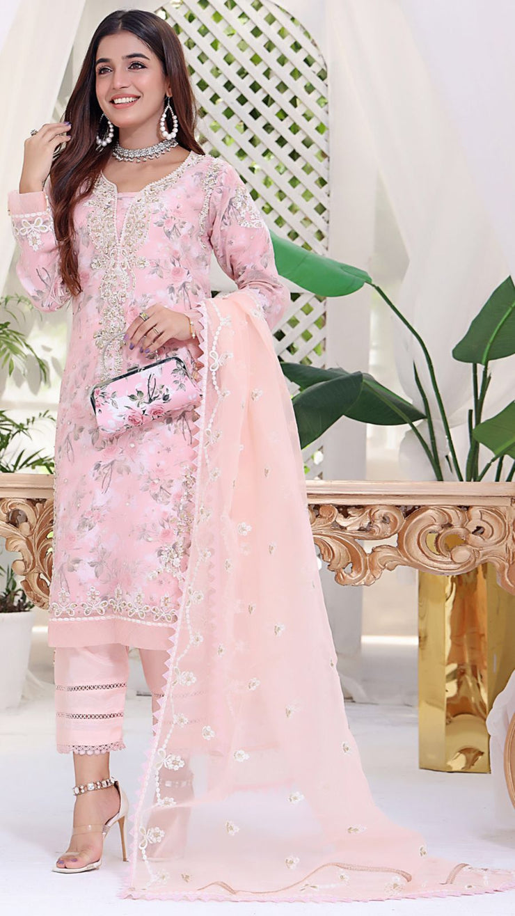 Embroided Organza Shirt And Dupatta With Silk Trouser