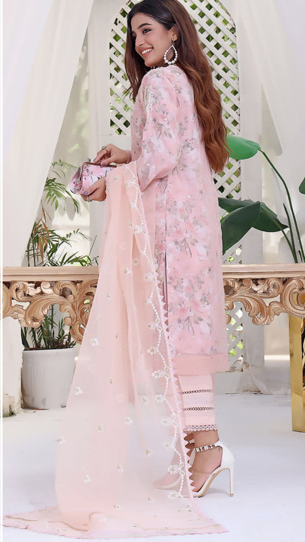 Embroided Organza Shirt And Dupatta With Silk Trouser