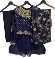 Embroided Chiffon Frock, Waistcoat, Plazo With Plain Dupatta