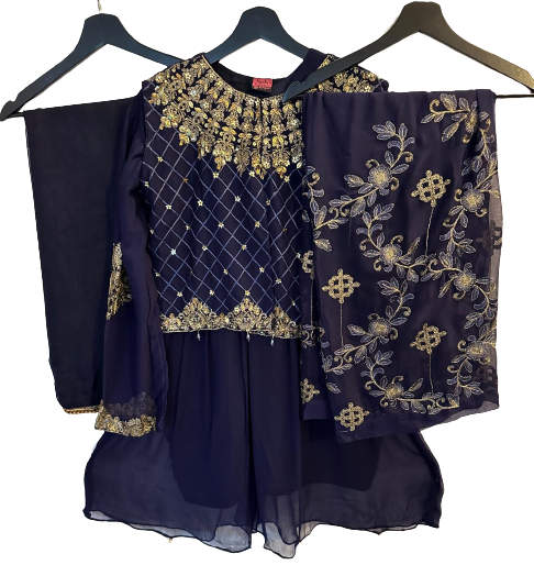 Embroided Chiffon Frock, Waistcoat, Plazo With Plain Dupatta