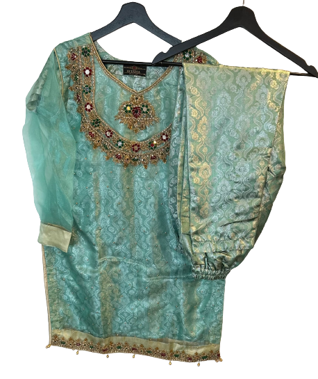 Embroided Organza Shirt With Jamawar underlining ,Trouser And Georgette Dupatta.