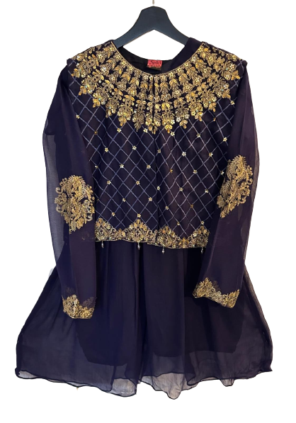 Embroided Chiffon Frock, Waistcoat, Plazo With Plain Dupatta