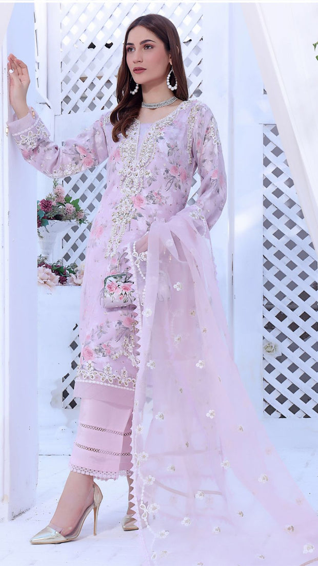 Embroided Organza Shirt And Dupatta With Silk Trouser