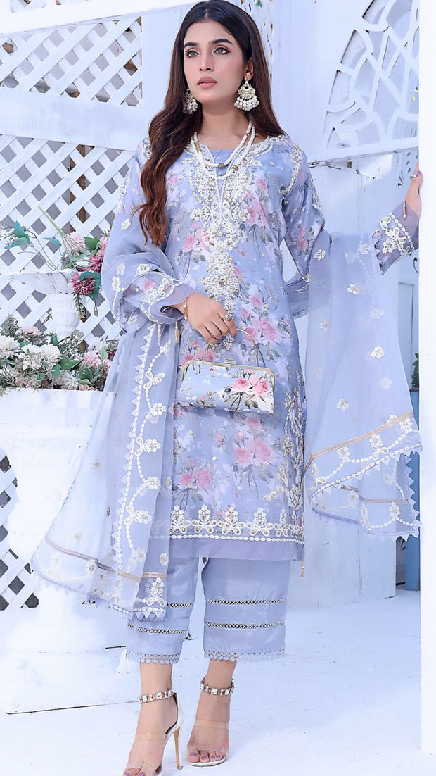 Embroided Organza Shirt And Dupatta With Silk Trouser