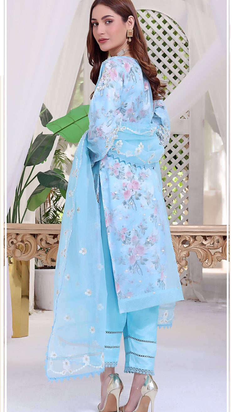 Embroided Organza Shirt And Dupatta With Silk Trouser